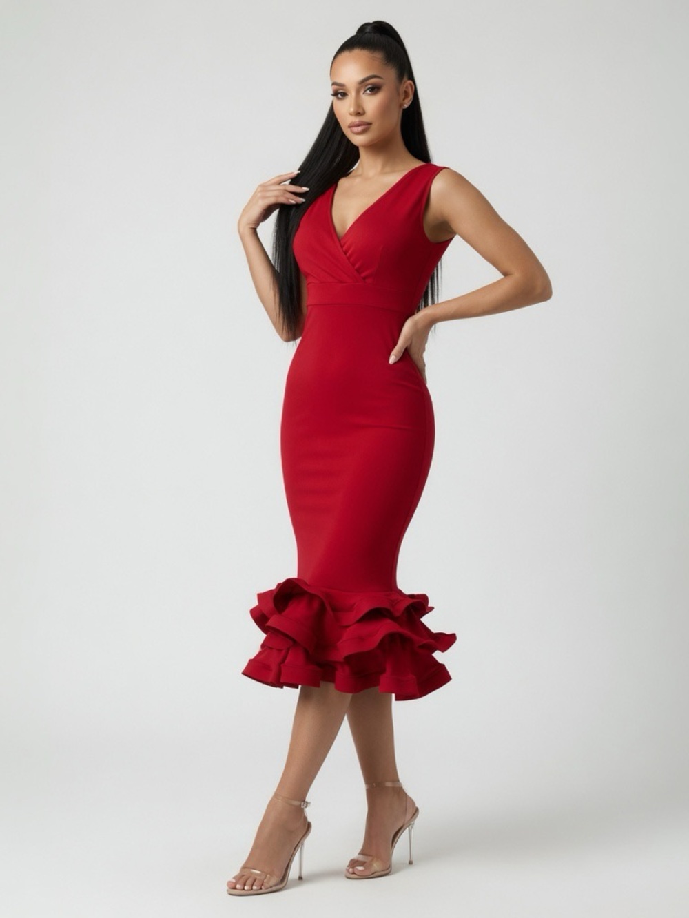 Fashion Nova Red V-Neck Ruffle-Hem Midi Dress